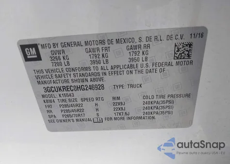 2017 Chevrolet Silverado 1500 2Lt from USA, damaged, VIN 3GCUKREC0HG246928